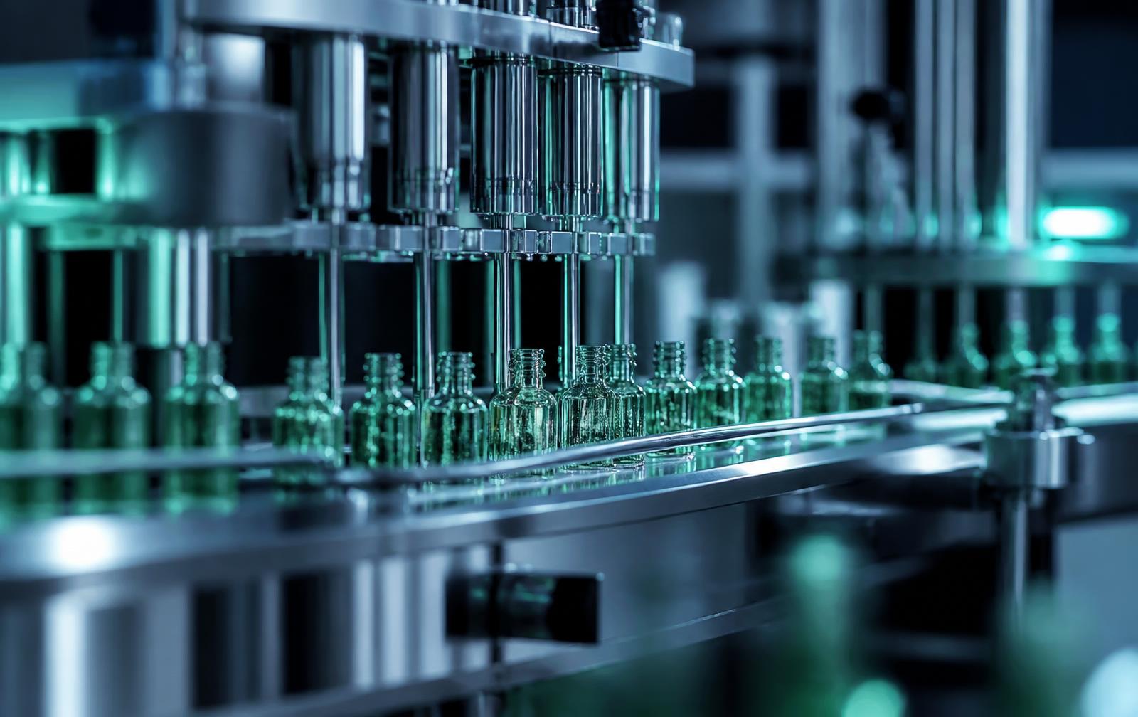 Automated filling line producing bottled cosmetic and nutritional products