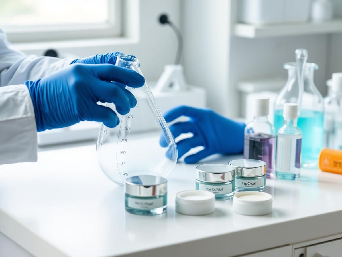 Laboratory technician preparing a cosmetic cream formulation at a clean development bench